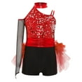 thumbnail image 5 of Aislor Girls Ballet Skirted Bodysuit Sequins Performance Jumpsuit Asymmetrical Latin Jazz Dance Dress Leotard Red 6, 5 of 7