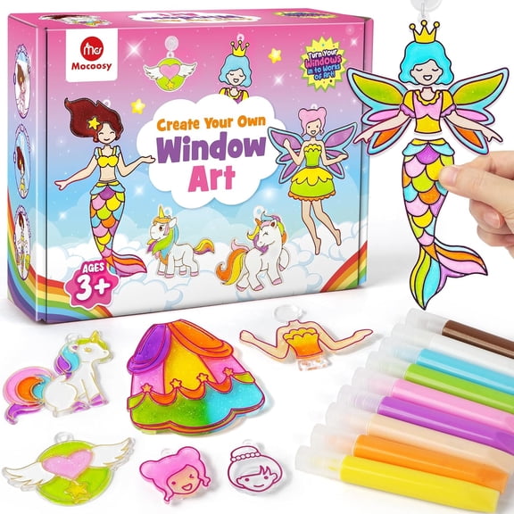 Mocoosy Princess Window Art Kit for Kids, DIY Suncatcher Art and Craft for Kids Ages 4-6-8, Stained Glass Window Art Painting Set for Girls, Unicorn Toys Birthday Gift 5 6 7 8 9 Years Old