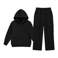 thumbnail image 7 of Glisme Girls Outfit Set Solid Color Long Sleeve Hooded Tops With Pocket Pants Outfit Durable Wear Girls Set Size 5-6 Years Black, 7 of 7