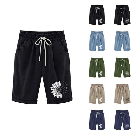 Womens Bermuda Shorts Cotton Linen Sunflower Print Elastic Waistband Pockets Knee Length Bermuda Long Shorts for Women