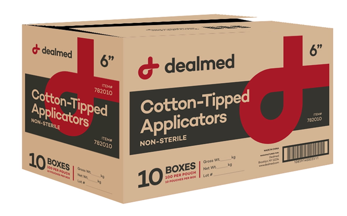 Dealmed 6 Cotton-Tipped Wood Applicators &ndash; 10,000 Non-Sterile Cotton-Tipped Applicators, 100 Applicators Per Pouch, Ideal for Application of