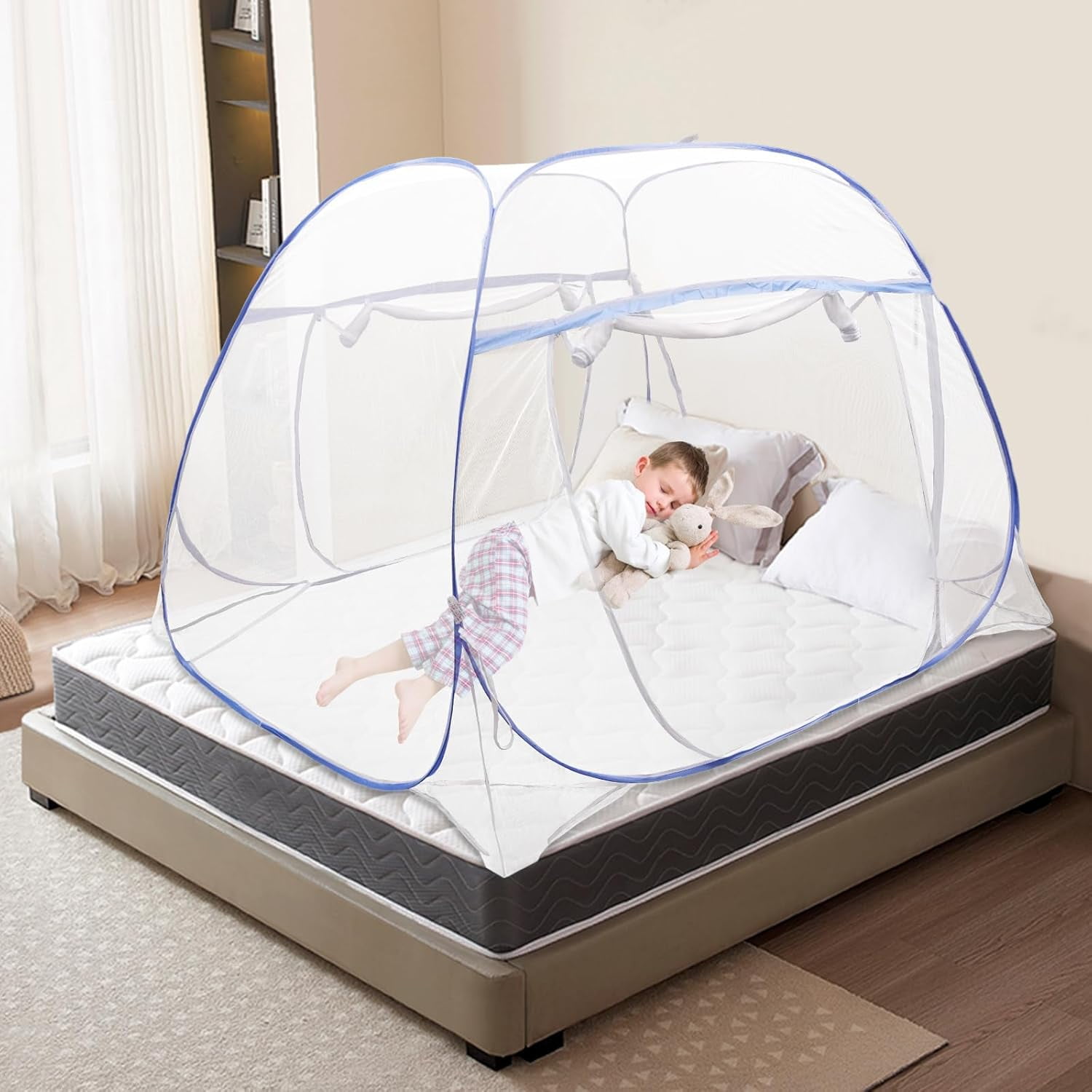 Blue Bed Canopy & Mosquito Net for Queen Size Beds, 5 Steel Wire Frame with U-Shaped Triple Door, Baby Safety Enclosure Indoor Canopy for Family Protection