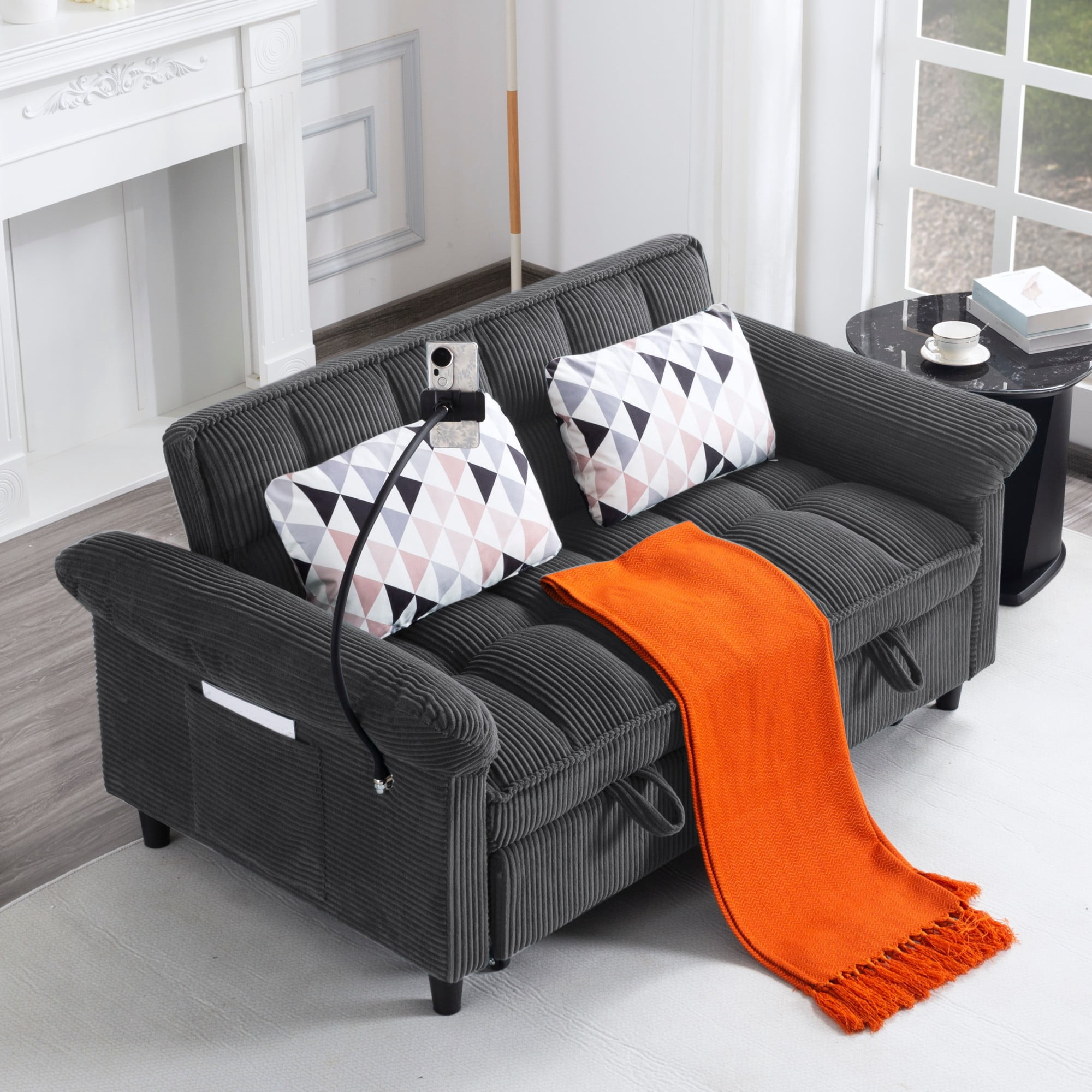 BSHTI 58.27" Corduroy Convertible Sofa Bed with Pull Out Sleeper, 3-Position Backrest, Storage Pocket for Living Room Guest Room, Black（Dark Grey）