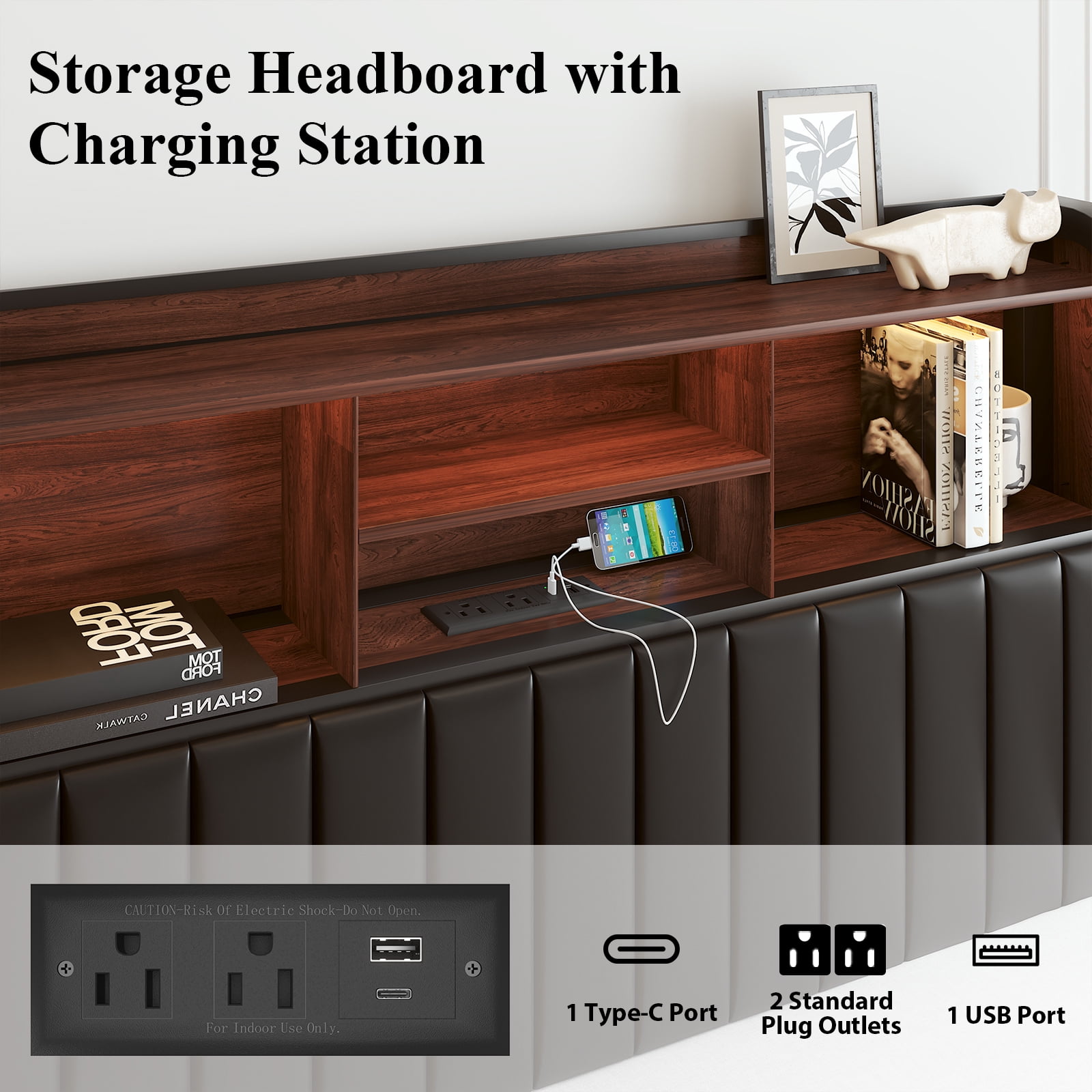 Full Bed Frame with LED Lights, Charging Station , Tall Storage Headboard