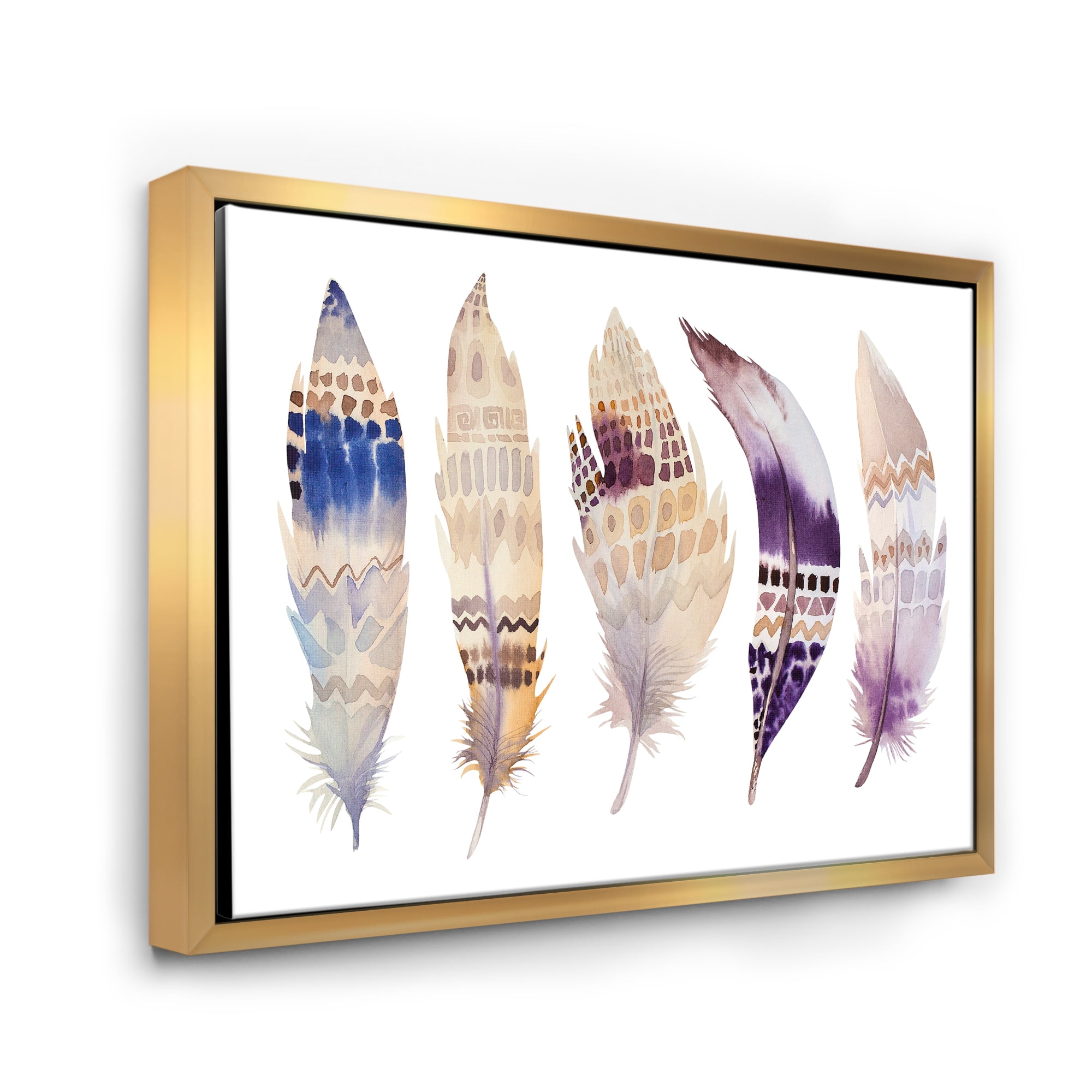 Designart 'Ethnic Purple Boho Art Feathers' Bohemian & Eclectic Framed Canvas Wall Art Print