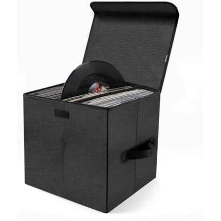 Vinyl Record Storage Box for 12inch LPs Holds up to 80 Albums Collapsible Storage Crate with Lid&Handles for Valuable Album Collection (black 13inch)$$Home Decor Kitchen & Other