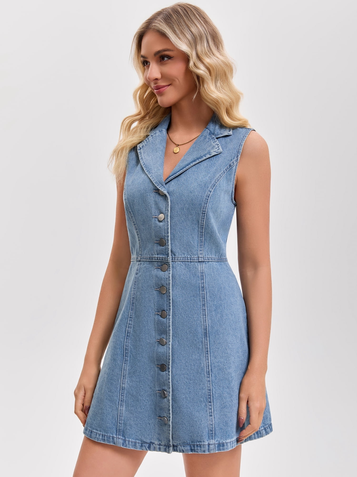 DARING DIVA Women's Denim Mini Sleeveless Button Down V Neck Jean Dresses 2XL Light Blue