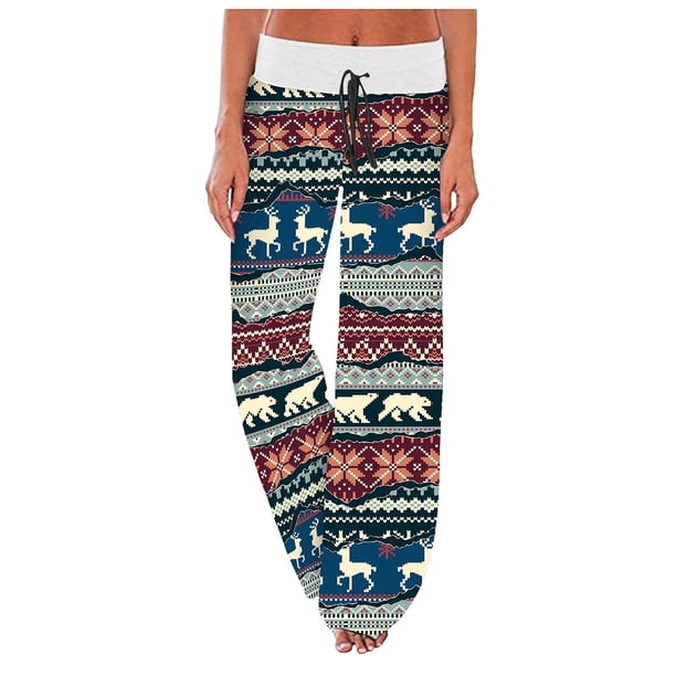 Pantalones navideños para mujer, pantalones de chándal de pierna ancha con cintura elástica de talla grande para invierno, pantalones holgados con cordón y copos de nieve de alce de Navidad Fridja hfkajh100045