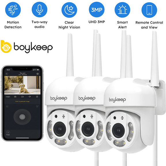 BoyKeep 2K Security Camera Outdoor, 2.4GHz Wi-Fi 360° View Pan/Tilt Wired Camera for Home Security Outside with Phone App, 24/7 Recording, Color Night Vision, Motion Detection, 2-Way Talk, 3PCS