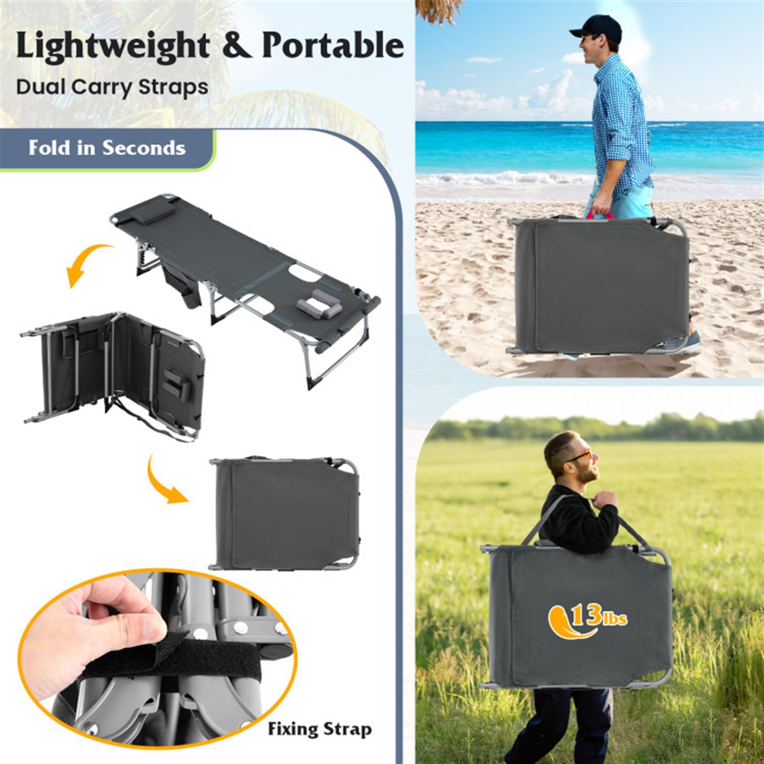 Demi Bonn 5-position Outdoor Patio Folding Chaise Lounge Chair for Outside Pool, Sunbathing and Reading on Stomach, Gray