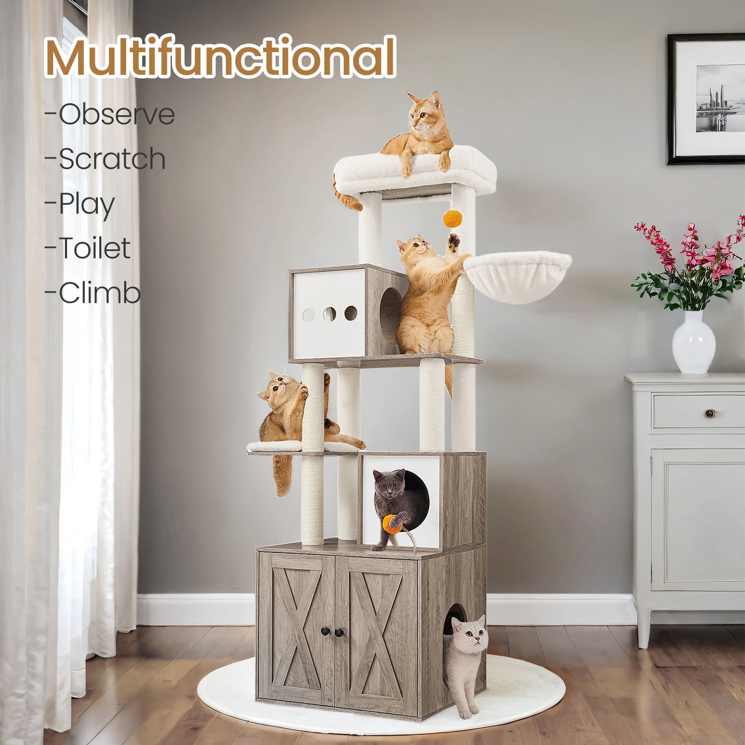LEDREM Modern Cat Tree with Litter Box - 70.8" 2-in-1 Cat Tower, Scratching Posts & Washable Cushions, Space-Saving Design, Heather Greige