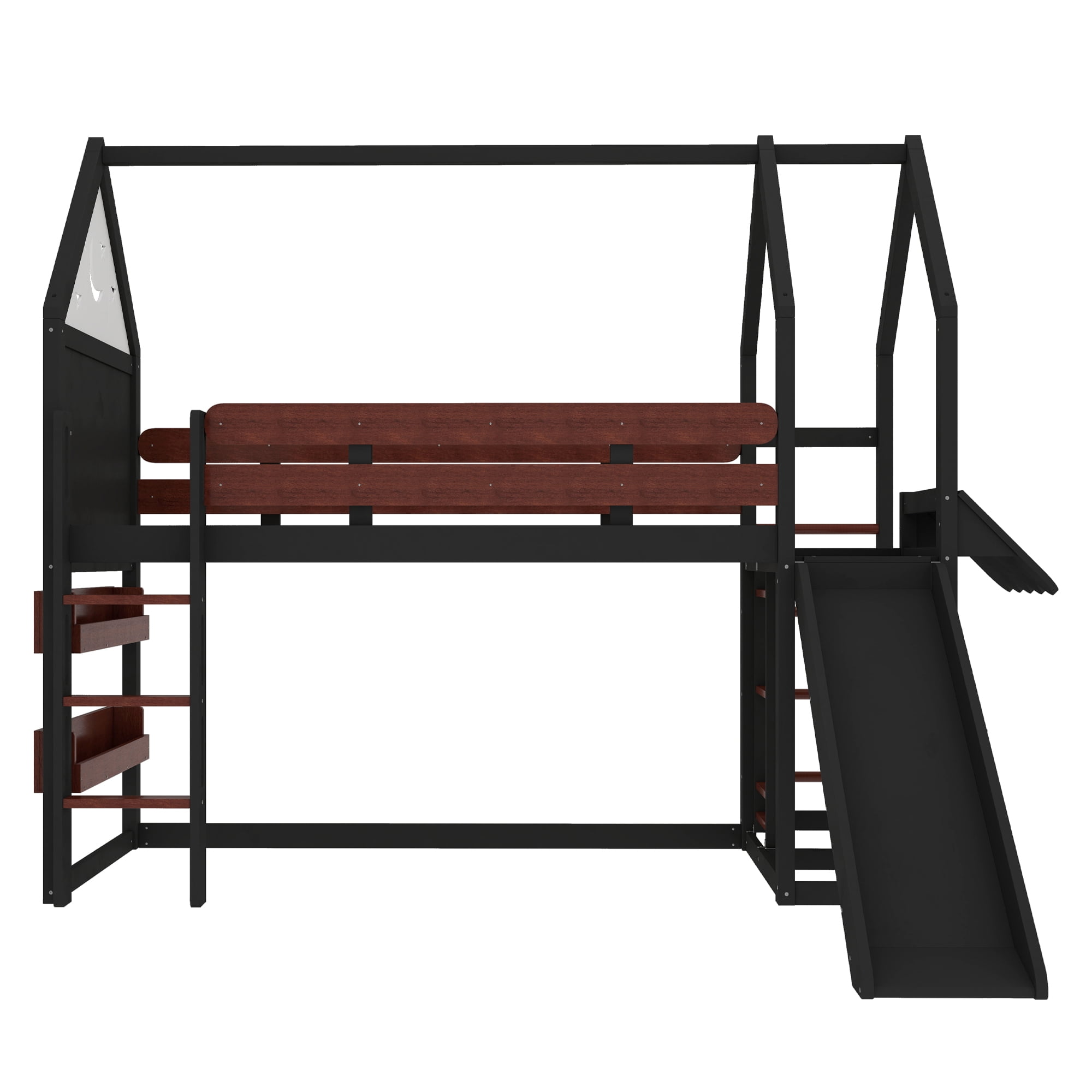 Yoneston Twin House Shaped Loft Bed with Slide & Bookshelf, Starry Moon Platform House Bed with Stairs, Roof & Guardrails for Kids Teens Bedroom, Beige