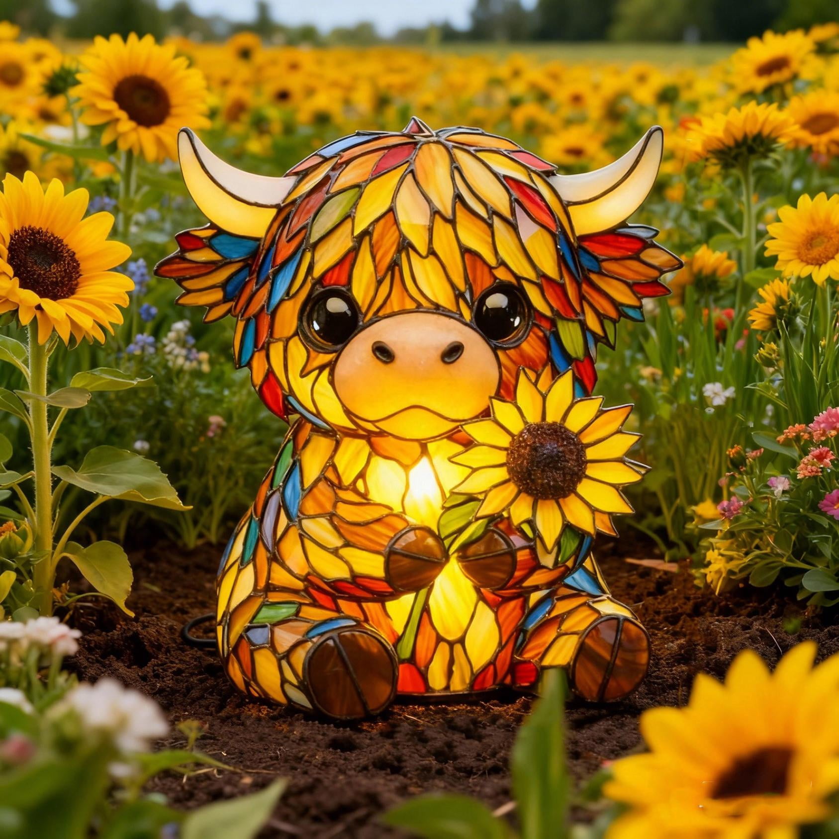 Cute Highland Cow Resin Stained Glass Night Light - 3D Table Lamp for Bedside, Desk, N-ursery, Warm White Mood Light, Unique Gift for Valentine's Day, Birthday, Anniversary, Cow Lover Decor