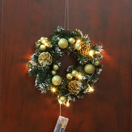 Silver Bauble Christmas Wreath Christmas Wreath With Battery Powered LED Light String Front Door Hanging Garland Holiday Home Decorations ()