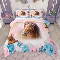 Manfei 3D Rustic Horse Queen Comforter Set, Blue Pink Watercolor Flower Bedding Sets, Dreamy Rainbow Reversible Bedding Comforter Set, Luxury Bedroom Decor, 3pcs
