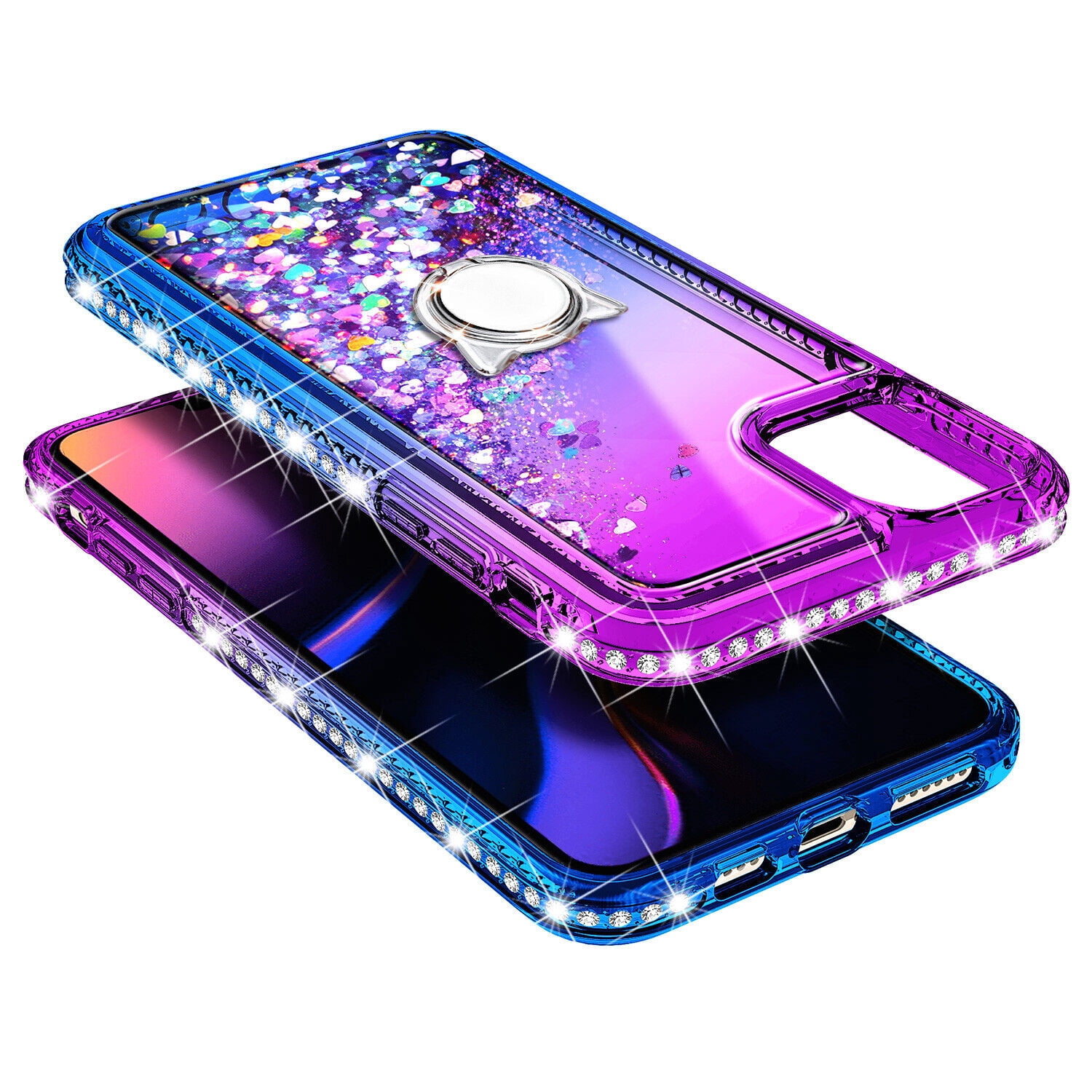 Case for iPhone 14, Moving Liquid Holographic Glitter Case with Kickstand, Women Slim Protective Case, Purple&Blue