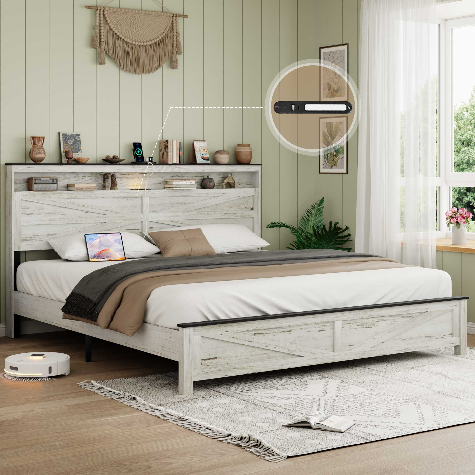 Gewnee King Size Bed Frame with Charging Station – 2 USB & 1 Type-C Ports,LED Light Headboard,Hidden Under-Bed Storage,No Box Spring Required,Antique White+Gray.