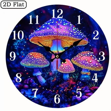 A wall-mounted clock featuring a neon mushroom theme. In the dark background, there are clusters of fluorescent-colored mushroom-like patterns, presenting a psychedelic and dazzling fantasy texture.