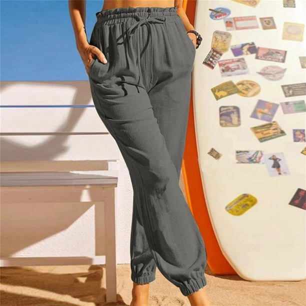 High Waisted Pants for Women Cotton Linen Drawstring Cinch Bottom Pants  Solid Casual Loose Fit Trousers with Pocket 