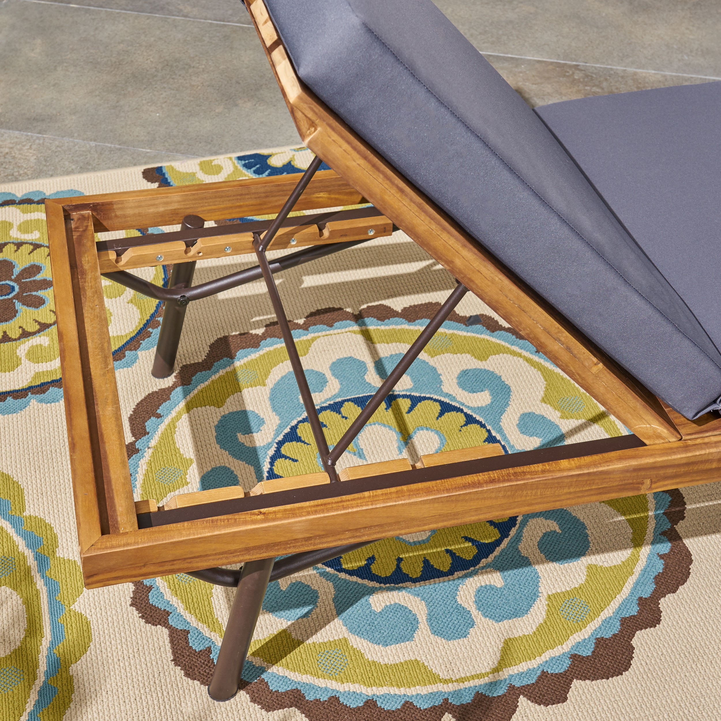 Marc Outdoor Acacia and Eucalyptus Wood Chaise Lounges with Cushions, Set of 2, Teak, Dark Gray, Rustic Metal