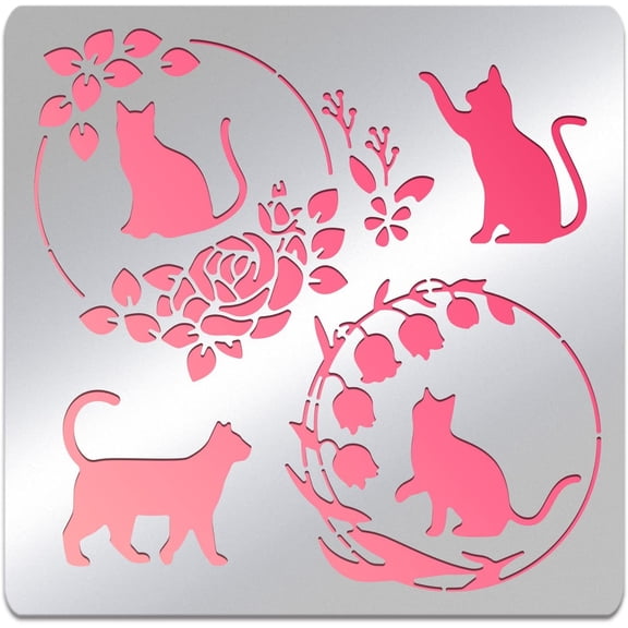Cat Pattern Stainless Steel Painting Stencils 6x6 inch Rose Wreath Bellflower Reusable Art Stencil Templates for Wood Burning DIY Scrapbooking Photo Album Silver