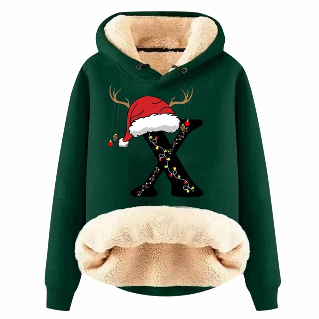 WILLBEST Sudaderas de Mujer con Capucha Estampada con Letras Navideñas, de Lana Gruesa, Cálida para El Invierno Sudadera de Moda Grande