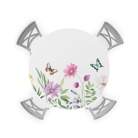 

Round Tablecloth with Elastic Daisy Flower Butterfly Girly Style Waterproof Stain-proof Table Cover Wipeable Fitted Table Cloths for 55 -60 Round Tables Dining Kitchen