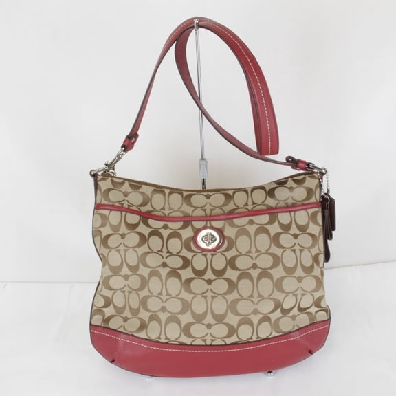 Pre-Owned COACH F24032 Signature Shoulder Bag in Canvas/Leather, Brown/Red (Good)