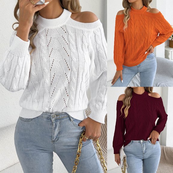 Women's Off-The-Shoulder Sweater Textured Hollow Knit Sweaters Loose Long Sleeve Pullover Casual Tops