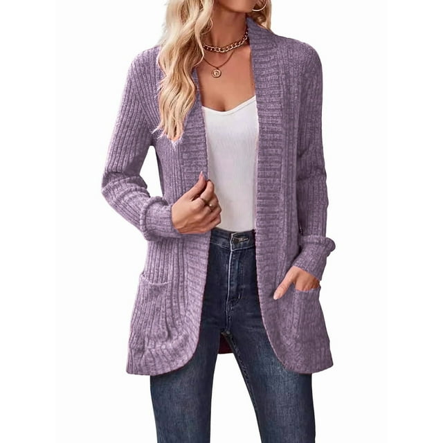Cárdigan para Mujer, Suéter de Larga con Abertura Frontal y Bolsillos para Otoño e Invierno. Púrpura Lavanda M