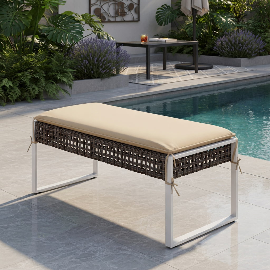 Hommoo 43" Patio Ottoman with Woven PE Rattan Seat, Metal Frame & Removable Cushion, Outdoor Footrest, Loveseat Bench or Coffee Table for Backyard, Poolside & Porch, Natural