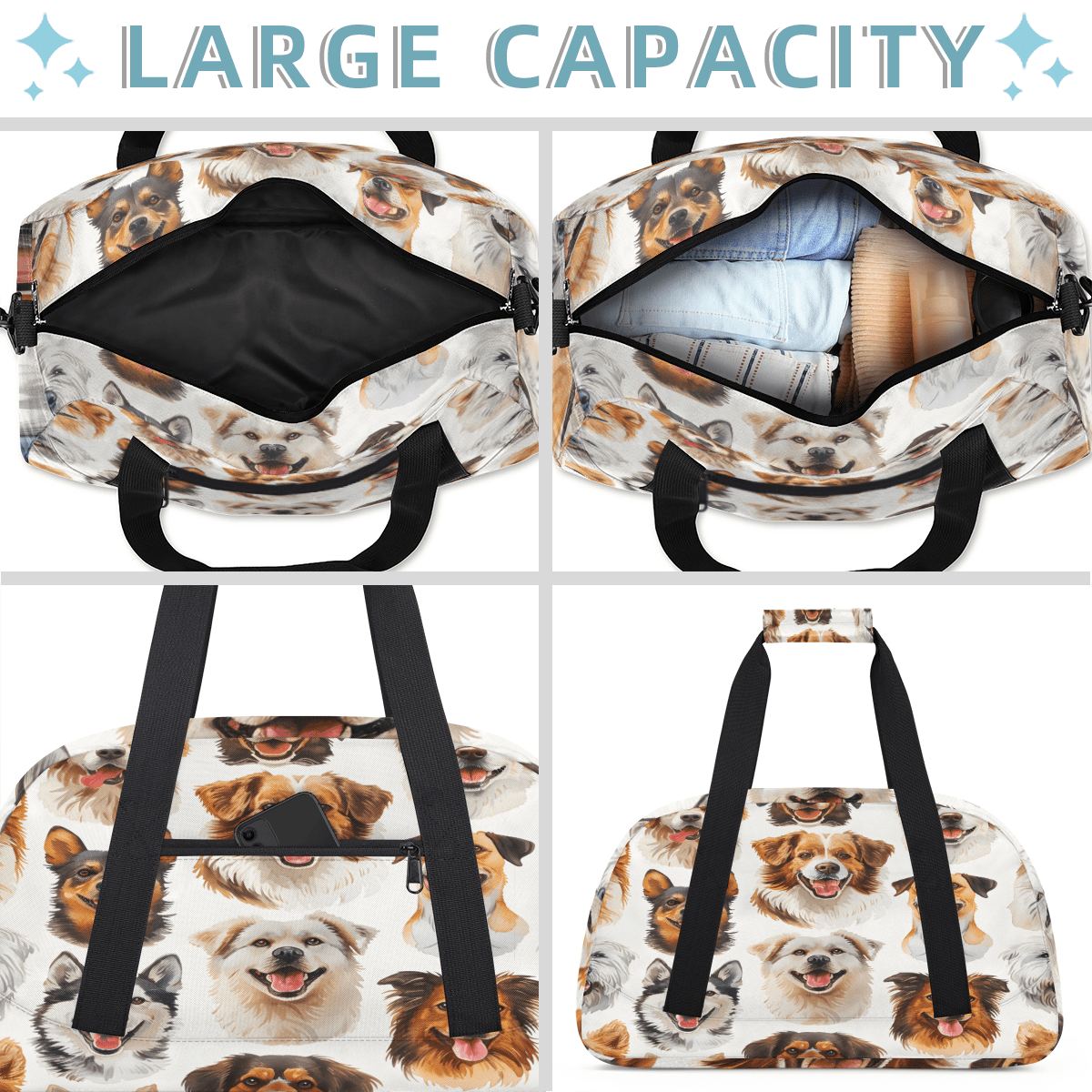 Herdesigns Cute Dogs Sports Duffle Bag for Women & Men, Puppy Pets Gym Bag Dance Bag Overnight Bag Carry On Weekender Travel Bag