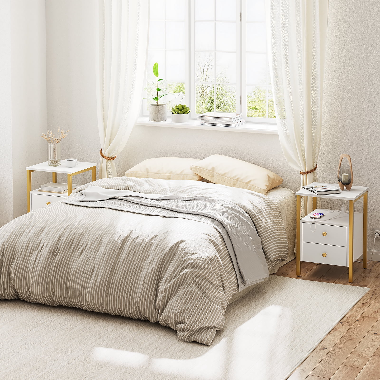 HOOBRO Nightstand with Outlets and USB Ports Coffee Table with Drawers Sofa Table Living Room Bedroom White and Gold DW43UBZ01