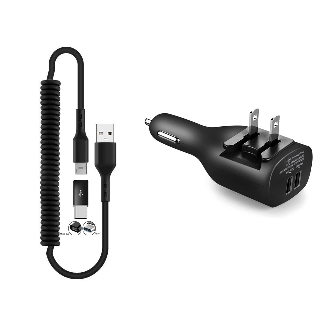 2-in-1 Car Home Charger for Nokia XR20/XR21 - Coiled USB Cable Micro-USB to USB-C Adapter Charger Cord Power Wire Black Folding Prongs for Nokia XR20/XR21