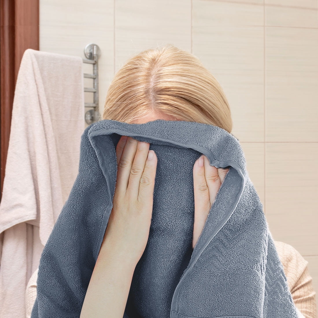PiccoCasa Cotton 6 Piece Bath Towel Set Soft Absorbent Breathable Dark Blue