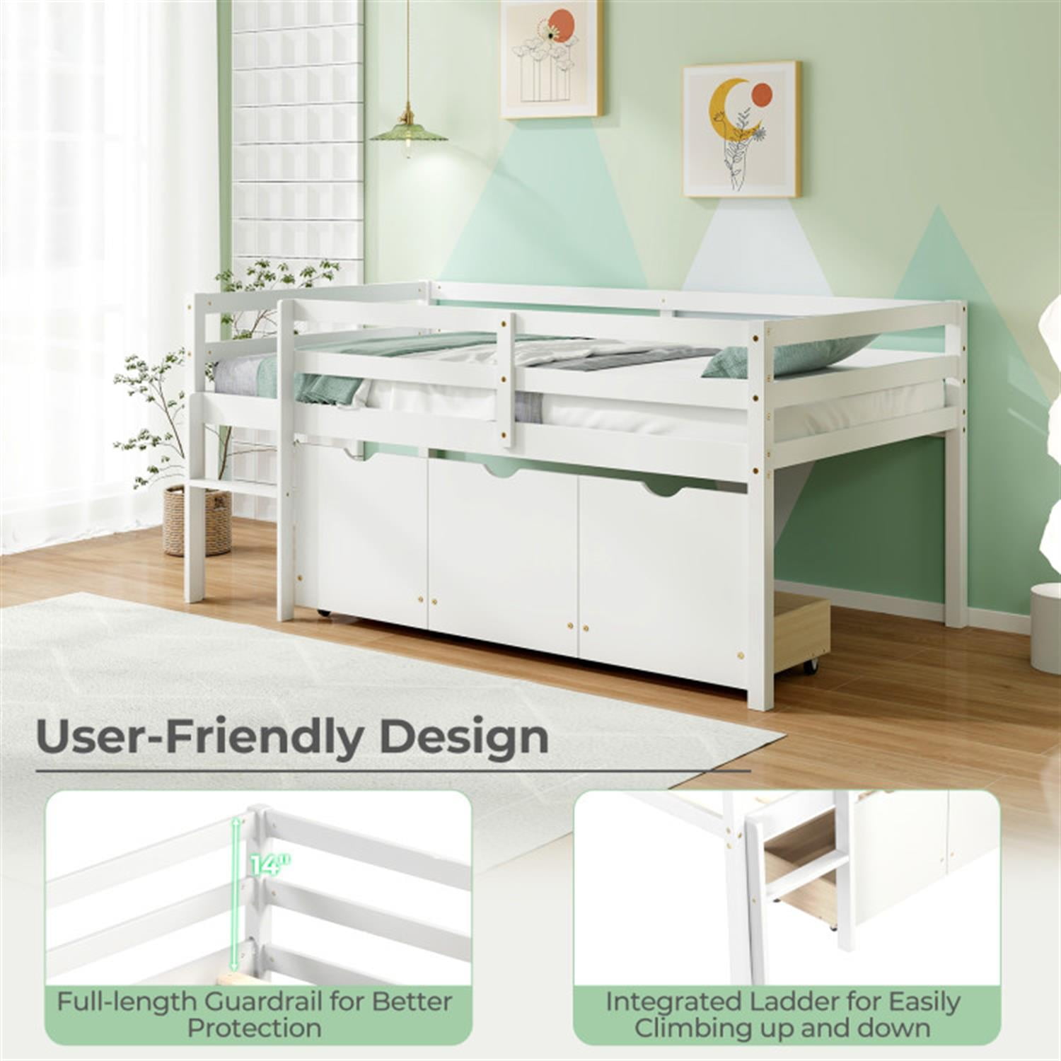 Demi Bonn Twin Size Loft Bed, Solid Wood Loft Bed with 3 Drawers with Ladder and Full-length Guardrails, Modern Wooden Bed Frame for Teens, White