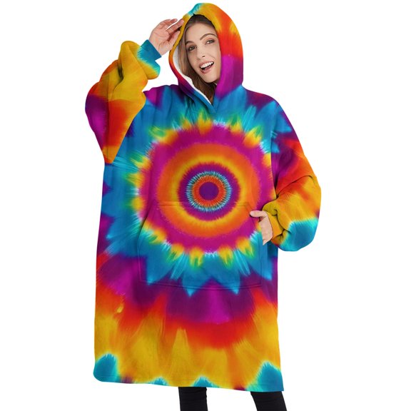 Oversized Wearable Blanket Hoodie,Colorful Rainbow Tie Dye Spiral Pattern Sherpa Blanket Hoodie with Super Pockets,Super Warm Fuzzy Pullover for Women & Men