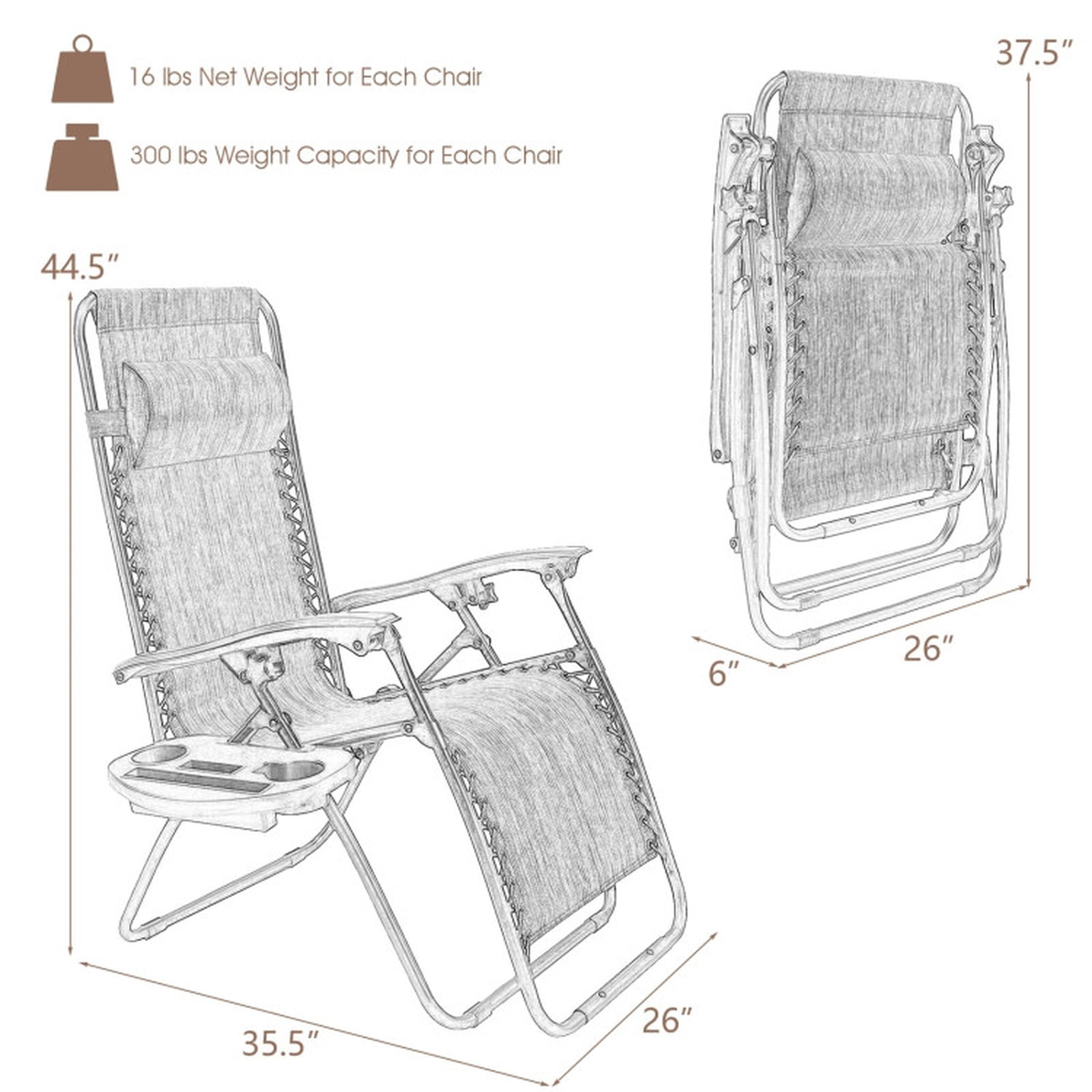 Furnibear 2 Piece Folding Zero Gravity Lounge Chair Set with 0 to 160 Degree Recline Removable Tray Padded Pillow Powder Coated Steel Frame and Bungee Support for Patio, Gray