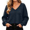 thumbnail image 4 of XRoczxe Women’s V‑Neck Long Sleeve Waffle Knit Crop Top, Casual Solid‑Color Loose Cropped Pullover Shirt, 4 of 9