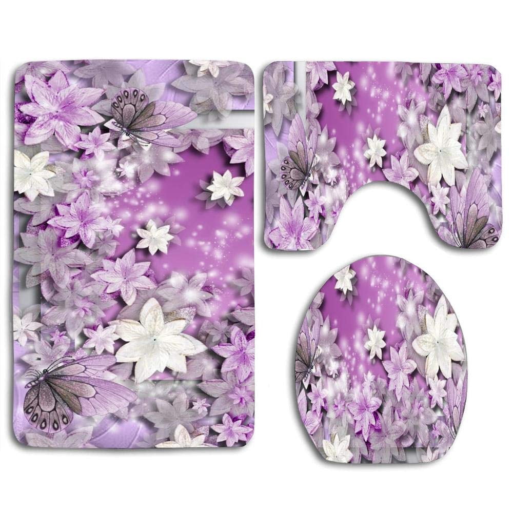 GOHAO Lavender Flower Scatter 3 Piece Bathroom Rugs Set Bath Rug