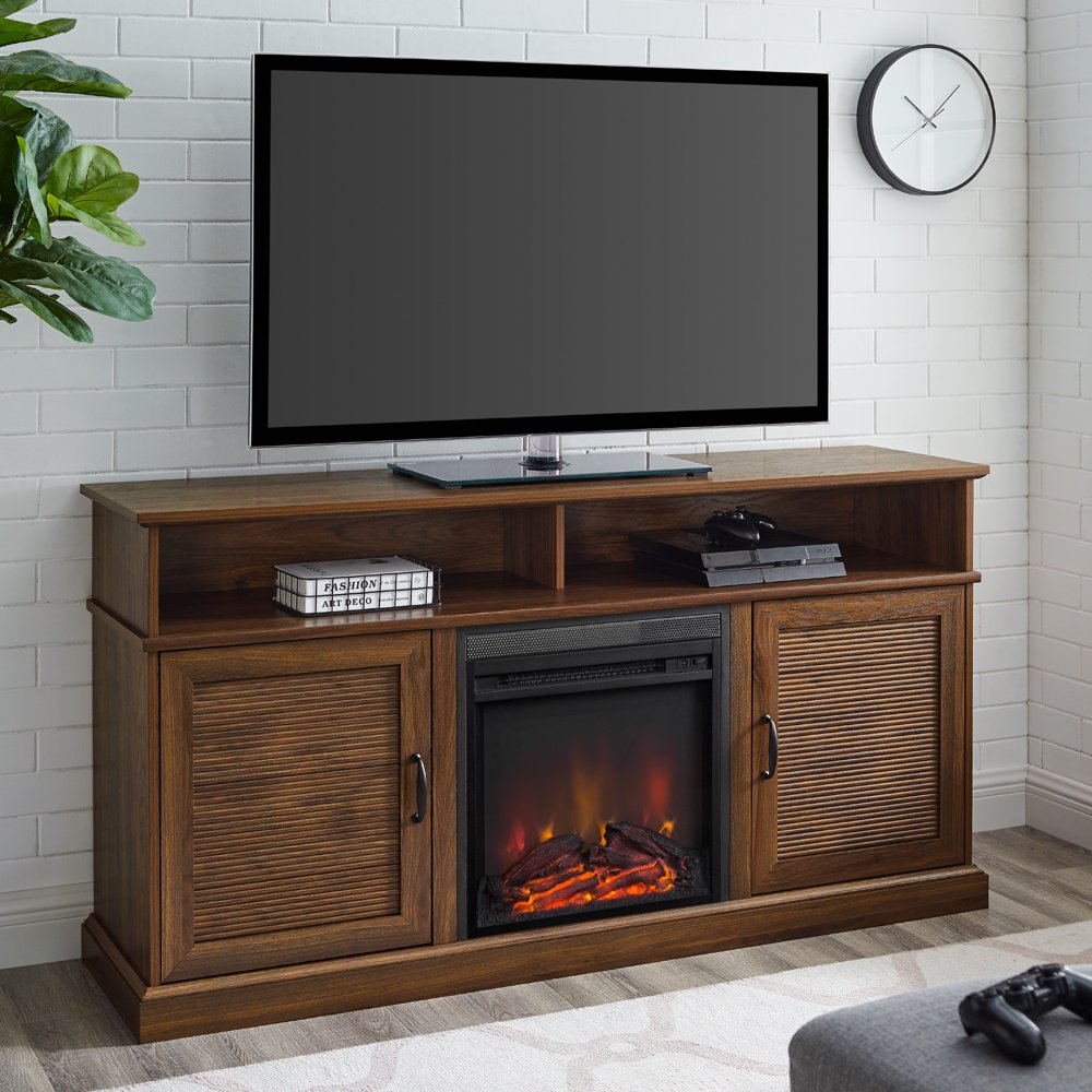 Manor Park Traditional Fluted Door Fireplace TV Stand, Dark Walnut