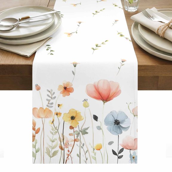 Spring Wildflowers Table Runner - 60 Inch Long, Kitchen Dining Table Runner Dresser Scarves, Watercolor Rustic Flowers Floral Leaves Farmhouse Decor for Coffee Tables Wedding Party Banquet