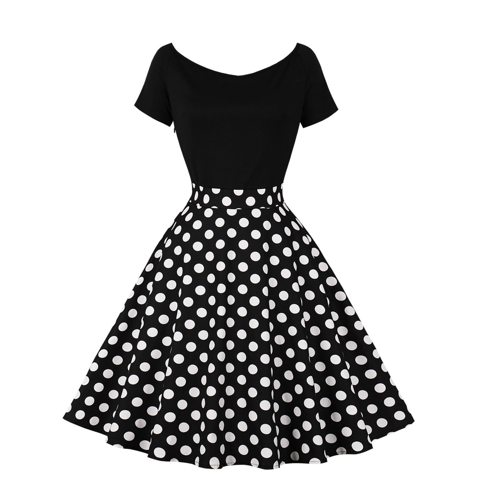 XIAOCHA Women's Polka Dot Dress Fitted Flared off Shoulder Short Sleeves Retro Swing Dress Stretchy Vintage Party Dresses