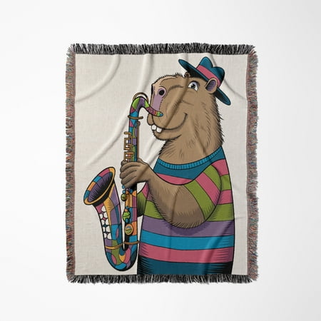 Funny Cute Colorful Capybara Playing Saxophone Jazz Music Woven Blanket Funny Cute Colorful Capybara Playing Saxophone Jazz Music Woven Blanket