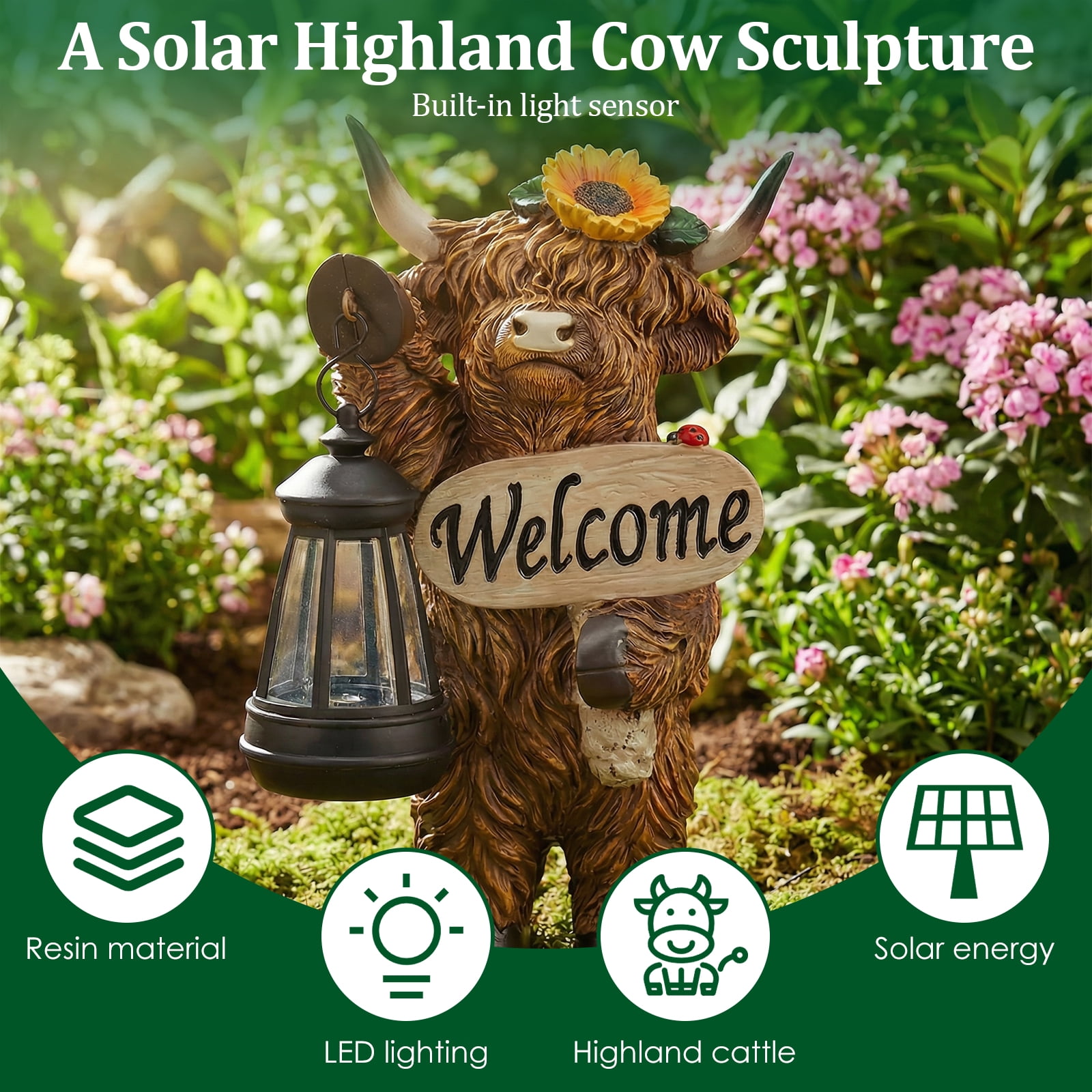 Threns Solar Highland Cow Garden Outdoor Statue,Highland Cow Figurines Sculpture with Light,Patio Balcony Yard for Pasture,Farm Theme Housewarming Gifts for Women Mom