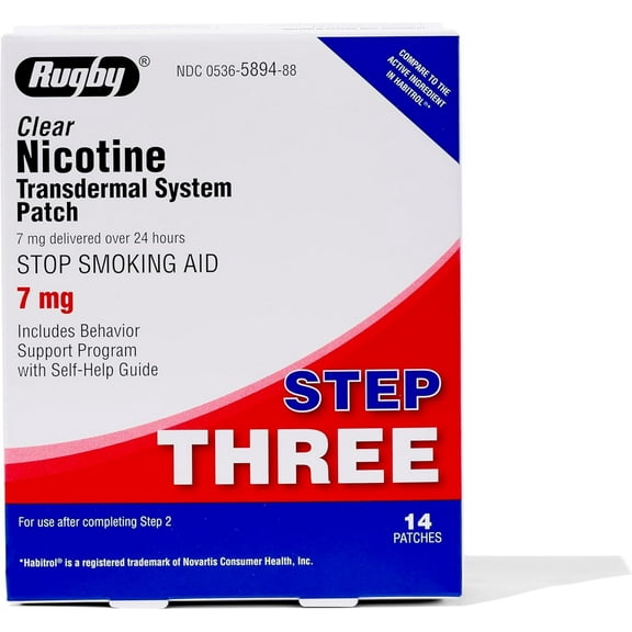 Rugby Clear Nicotine Patches - Transdermal System Patch - Smoking or Vaping Quitting Aid - Step 3-7mg - 14 Count (1 Pack)