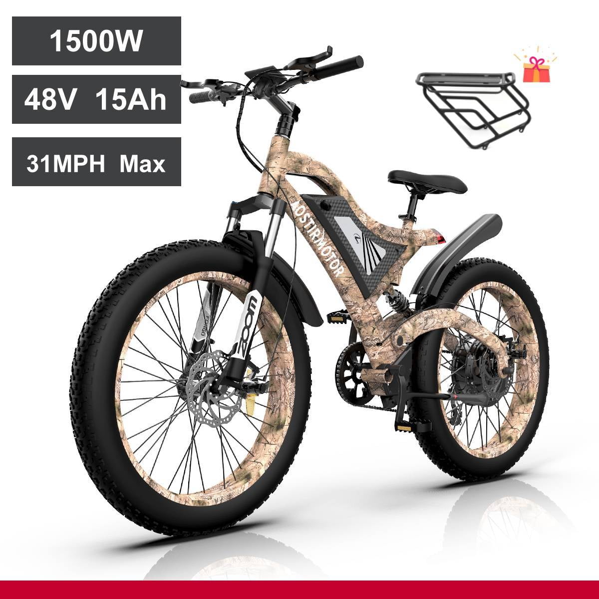 AOSTIRMOTOR Electric Mountain Bike 1500W 48V15Ah Removable Lithium Battery Fat Tire Ebike 26x4.0 inch Electric Bike for Adults Walmart