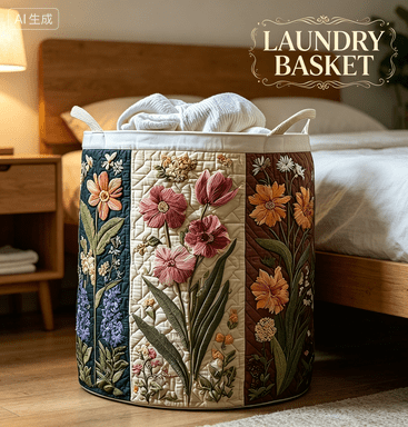 Quilted Laundry Basket with Handles,Vintage Floral Quilted Storage Hamper,Foldable Clothes Toy Storage Baskets,Large Soft Fabric Laundry Basket for Nursery, Bedroom,Clothes & Toys(M)
