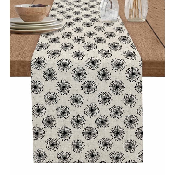 Black Beige Dandelion Burlap Cotton Table Runner 13x48 Inches Long, Farmhouse Botanical Blossom Farmhouse Table Runners, Outdoor Dining Tablecloths Decor for Baby Shower/Party/Wedding
