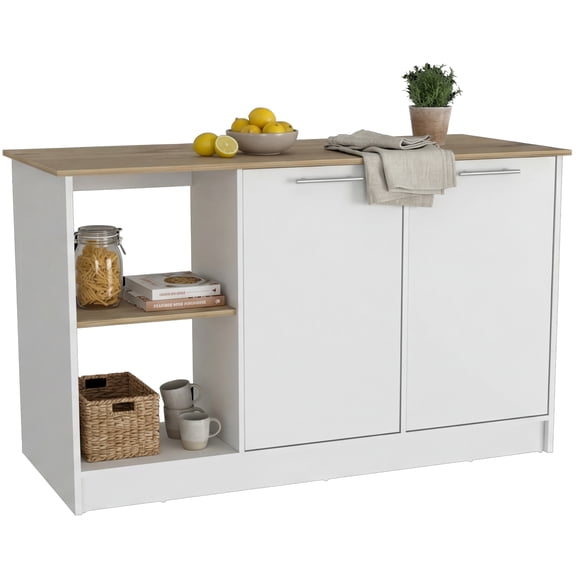 Juniper Kitchen Island with Large Top Surface, Double Door Cabinet, and Open Shelves White / Light Oak